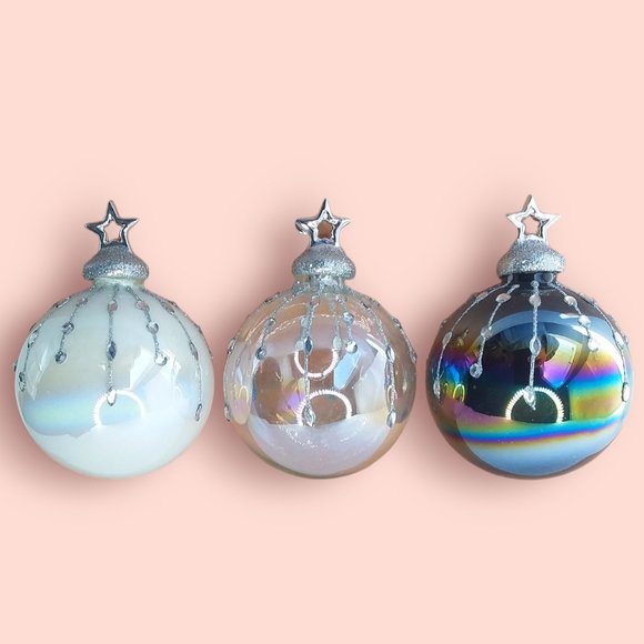 34th & Pine Iridescent Glass Ornament Jeweled Glitter White Clear Black 3pc NIB - Picture 8 of 13